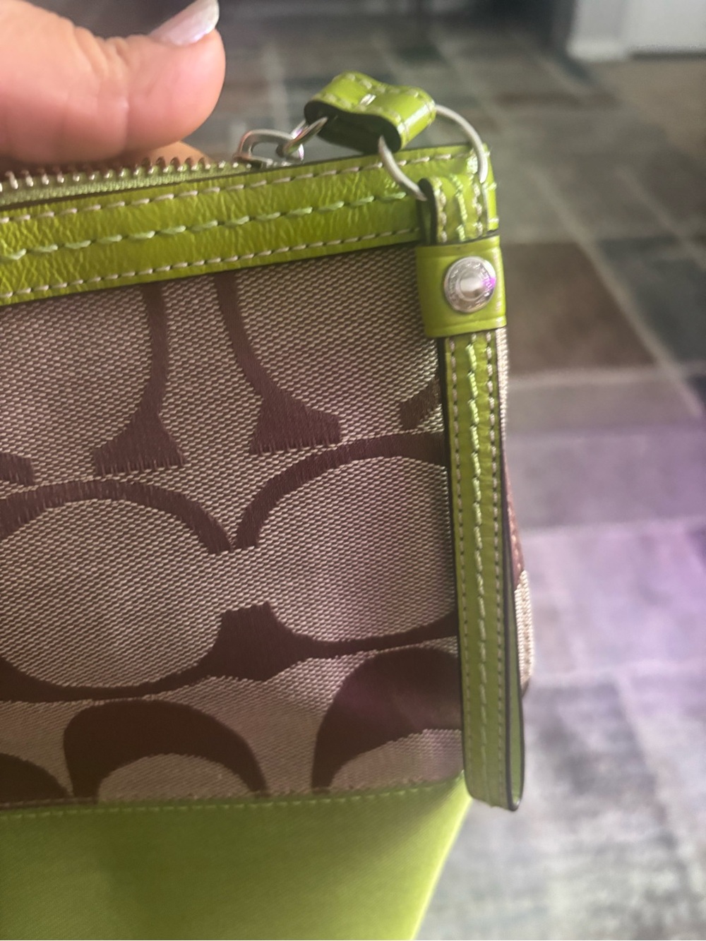 Coach Beige Signature Canvas Tote with Lime Green Trim - Picture 4 of 6